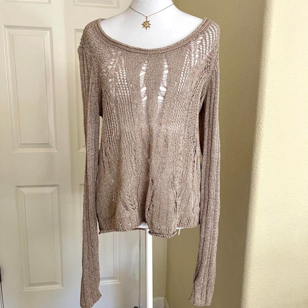 Vera Wang Linen-Blend Fishnet Crochet Long Sleeve Top - size large